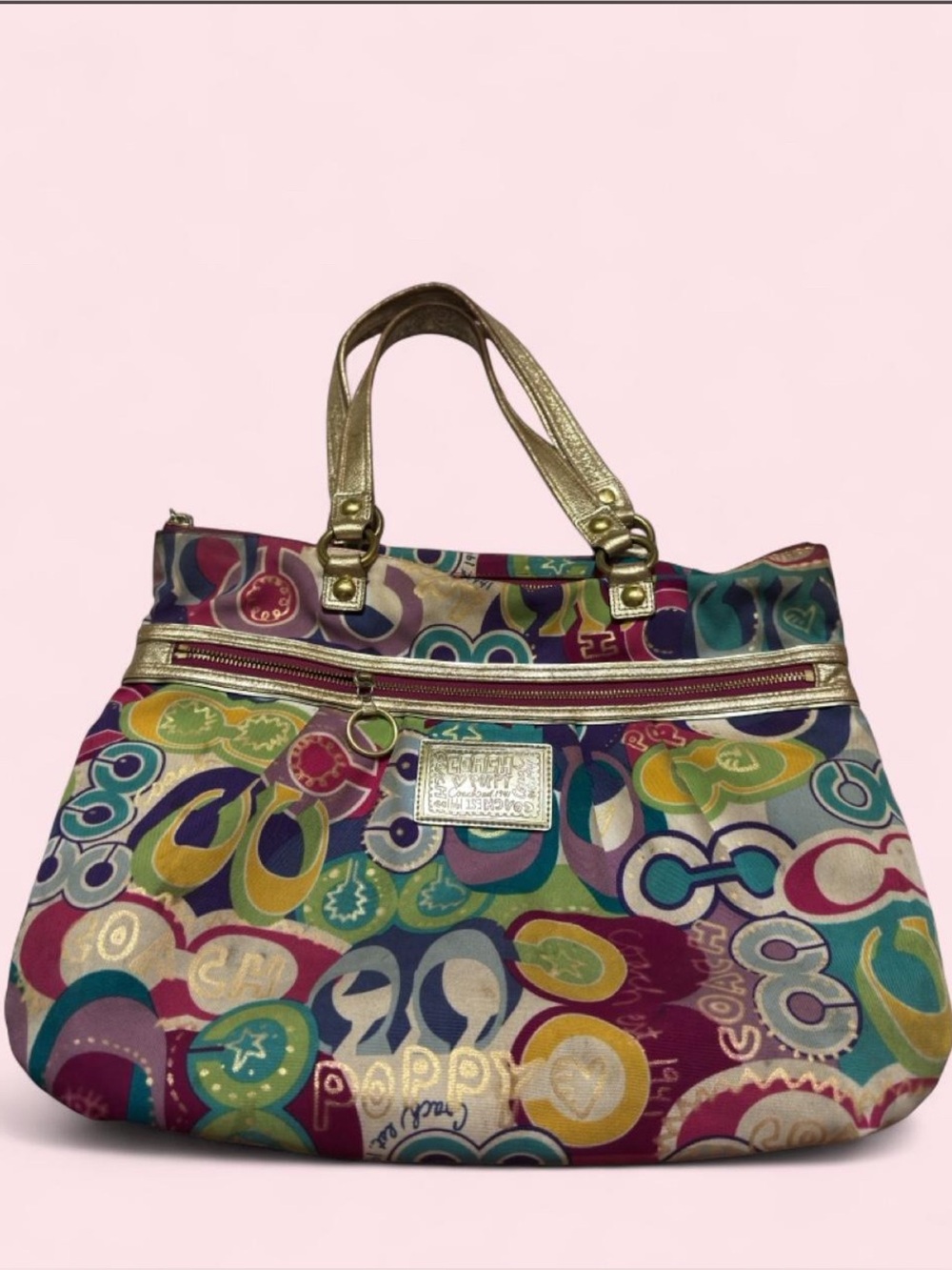 Authentic Coach Poppy GraffitiMulticolor Signature Pattern Tote with Gold Accent